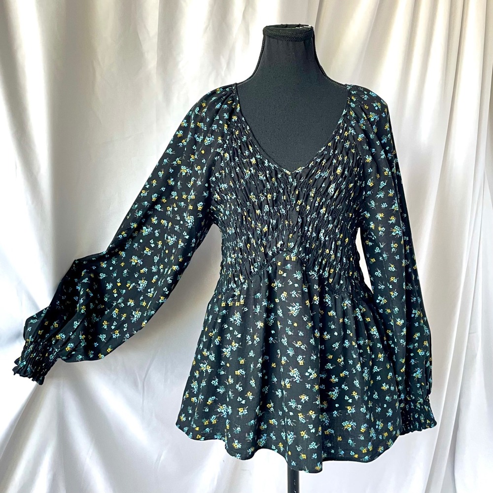 Ava & Viv Top Sz X/14W Black Floral Cotton Smocked Peplum Balloon Sleeve Cottage